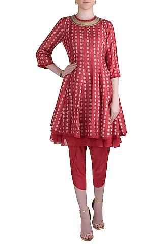 Red Hand Block Printed Kurta with Dhoti Pants by Myoho