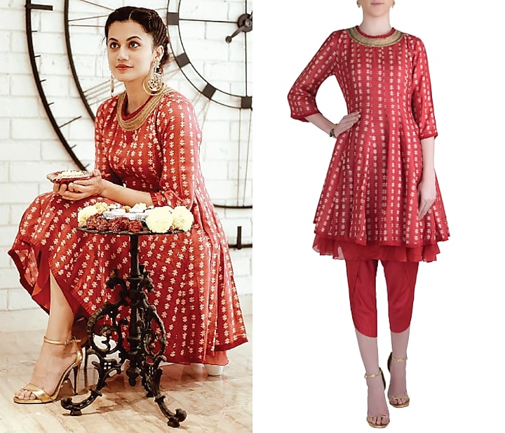 Red hand block printed kurta with dhoti pants available only at Pernia's Pop Up Shop.