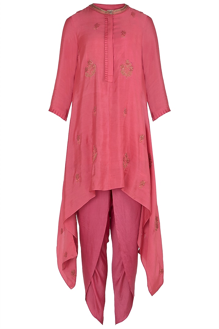 Pink Embroidered Asymmetrical Kurta with Dhoti Pants Set by Myoho