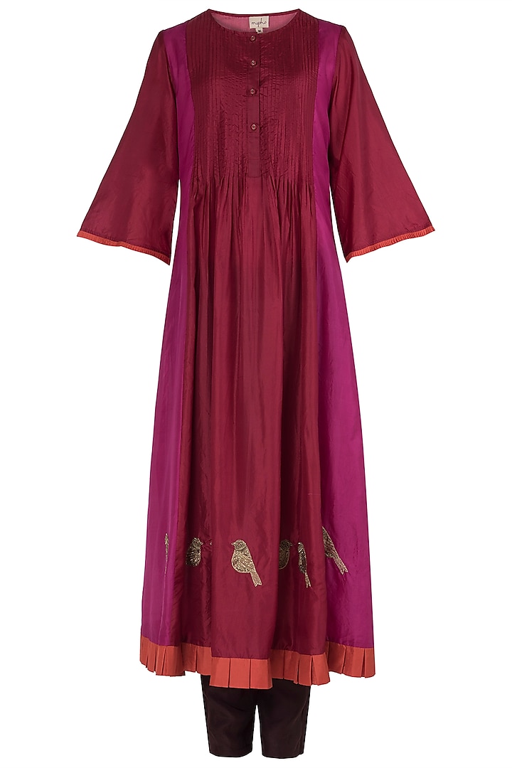 Pink and maroon pintucks embroidered kurta with pants available only at ...