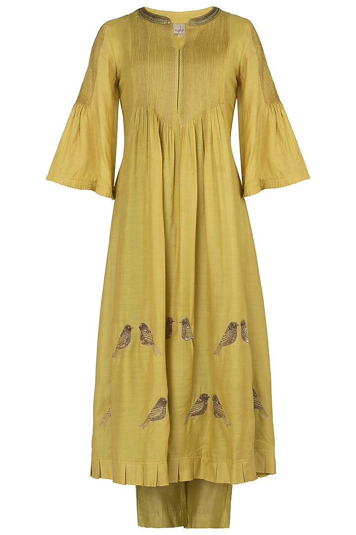 Lime green embroidered pintucks kurta set available only at Pernia's Pop Up Shop.