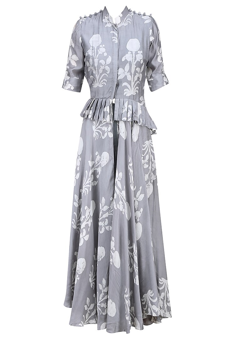 Grey pleated tiered kurta and pants set