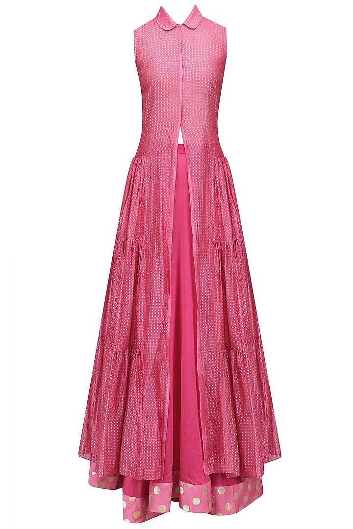 Pink khadi printed tiered kurta and skirt set