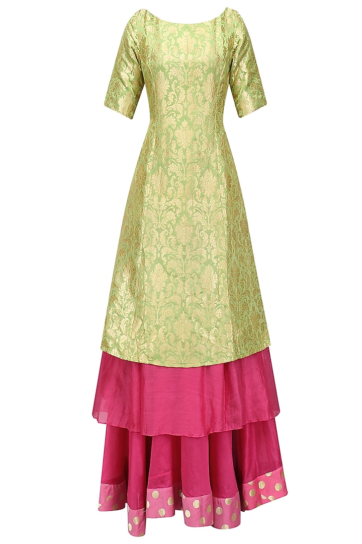 Green and Pink Brocade Double Layered Kurta with Skirt Set by Myoho