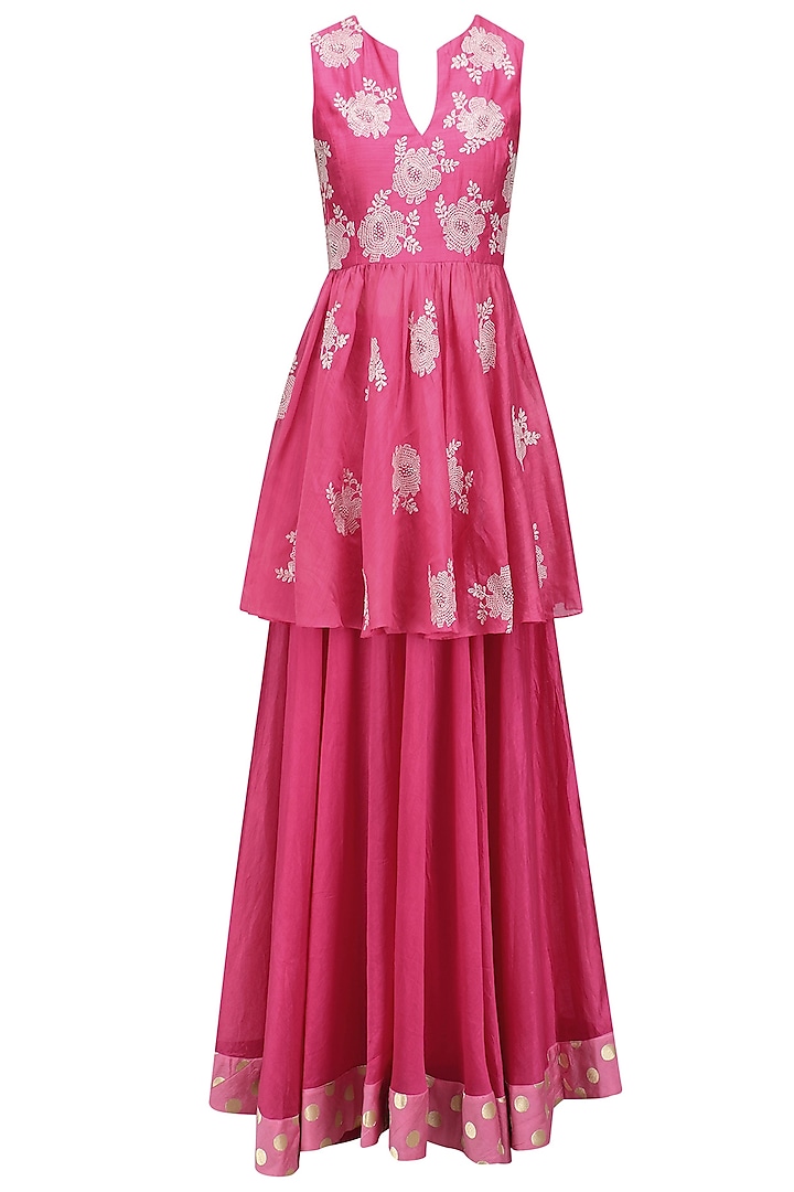 Pink Floral Work Peplum Tunic and Skirt Set by Myoho