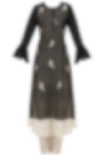 Black and off white bird embroidered double layer kurta set available only at Pernia's Pop Up Shop.