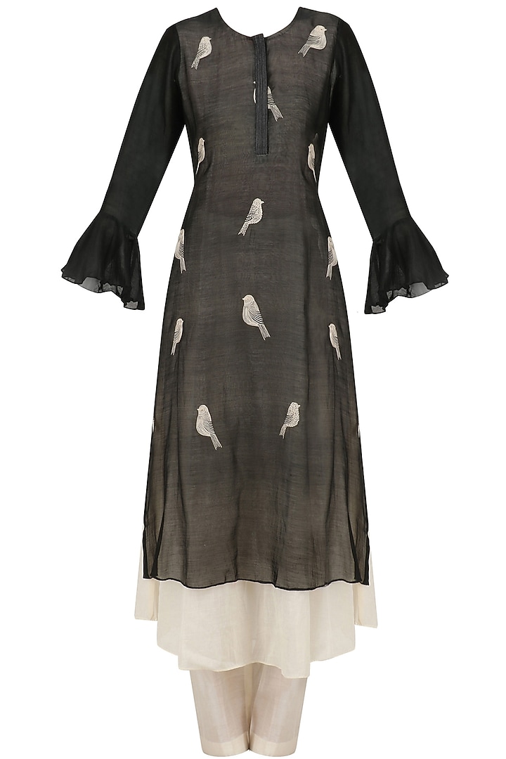 Black and off white bird embroidered double layer kurta set available only at Pernia's Pop Up Shop.