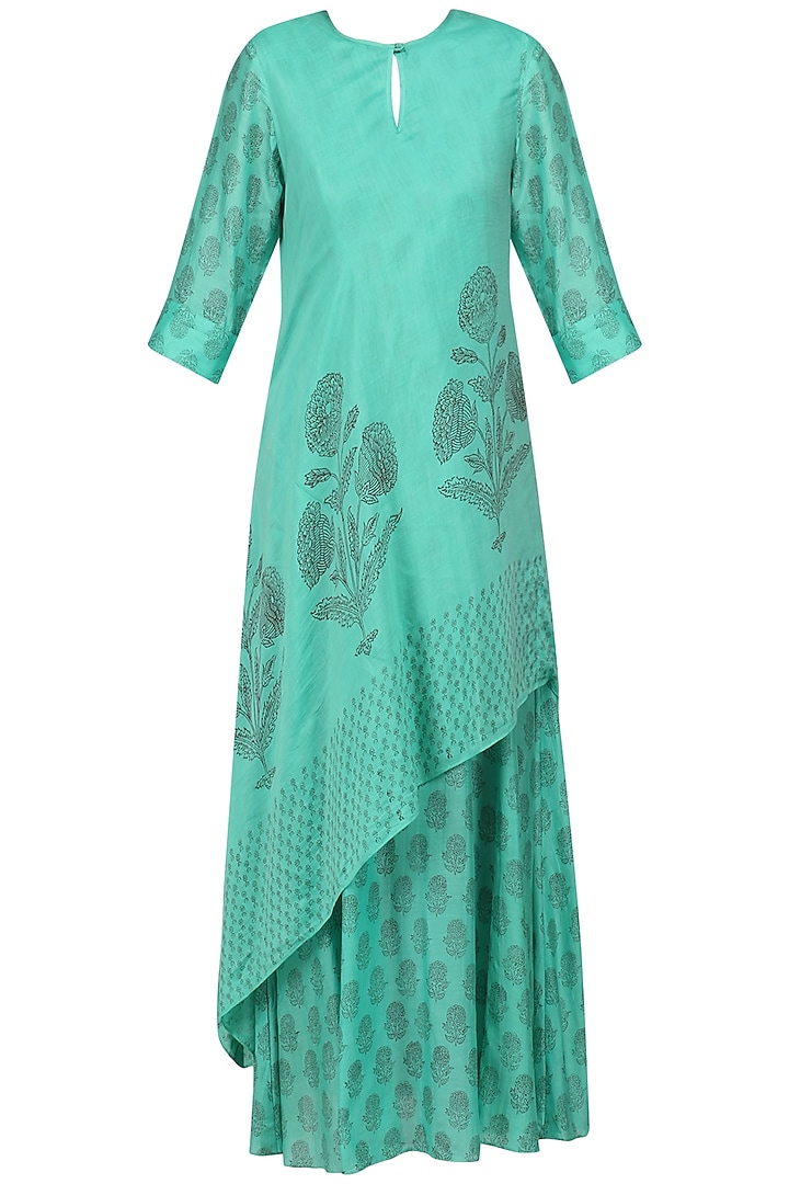 Mint Floral Print Double Layer Slant Mughal Dress by Myoho
