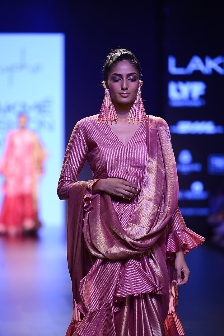Pink khadi print side slit frill kurta available only at Pernia's Pop Up Shop.