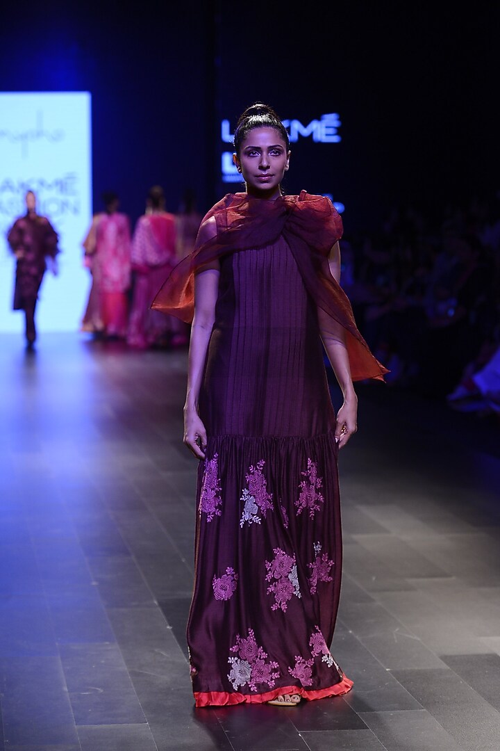 Coffee embroidered pleated long dress available only at Pernia's Pop Up Shop.