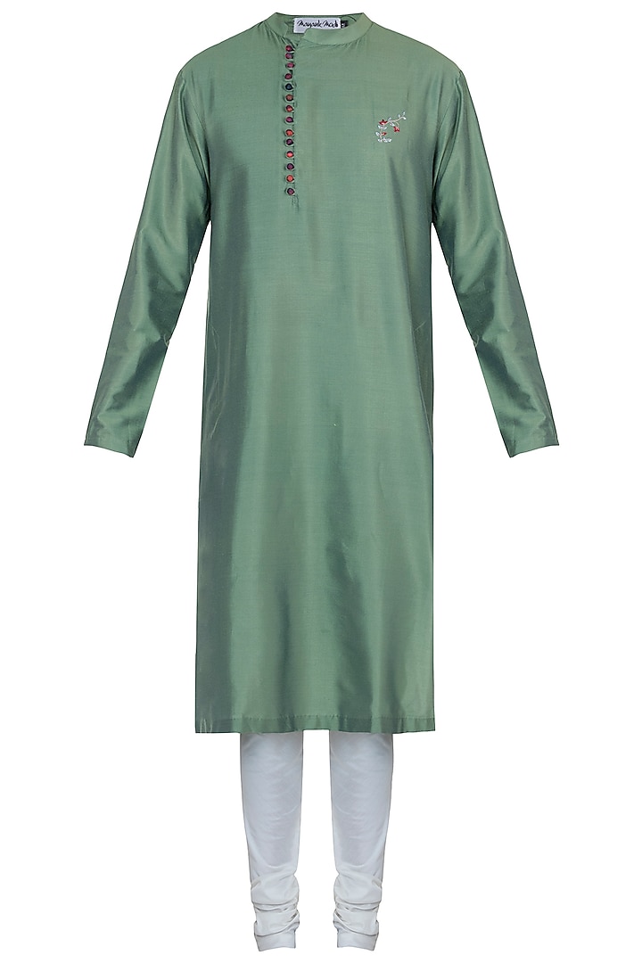 Green Cotton Silk Kurta Set by Mayank Modi