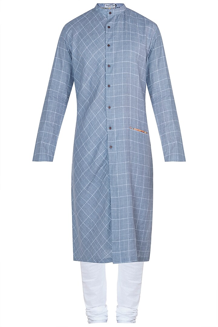 Blue checkered kurta with pants by Mayank Modi