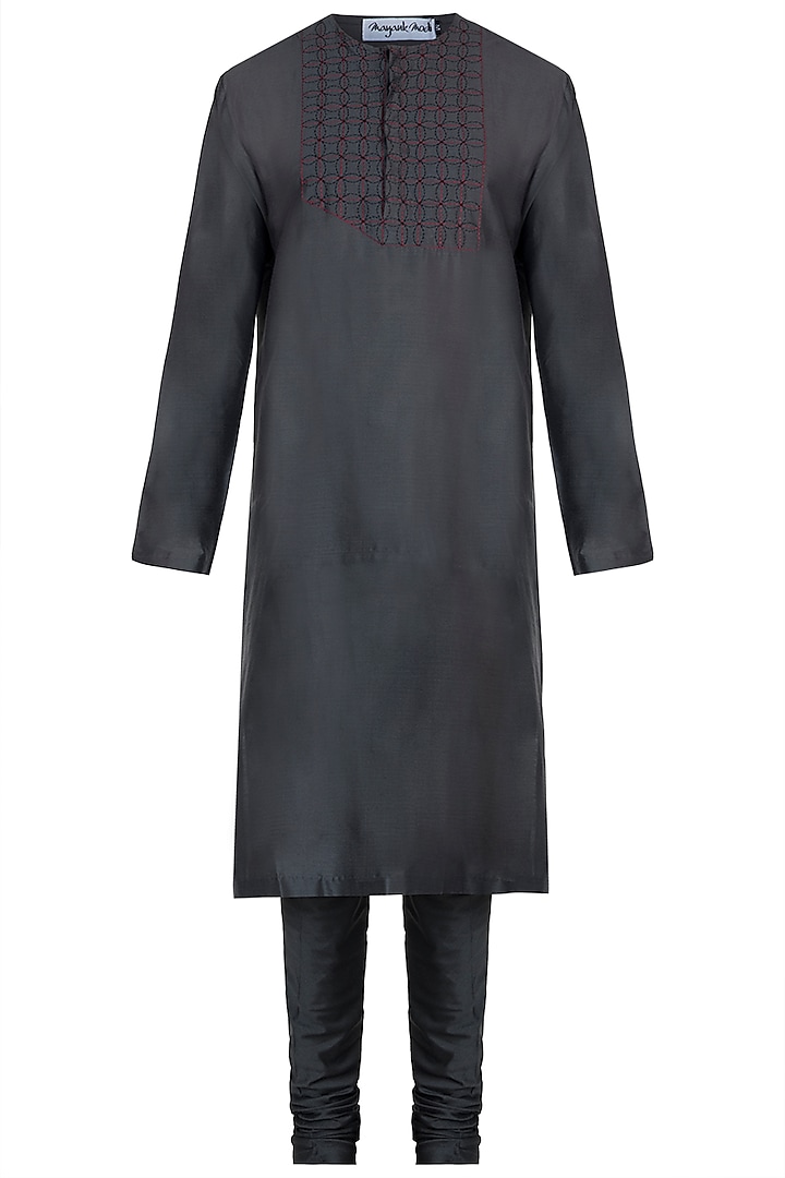 Charcoal grey embroidered kurta with pyjama pants by Mayank Modi