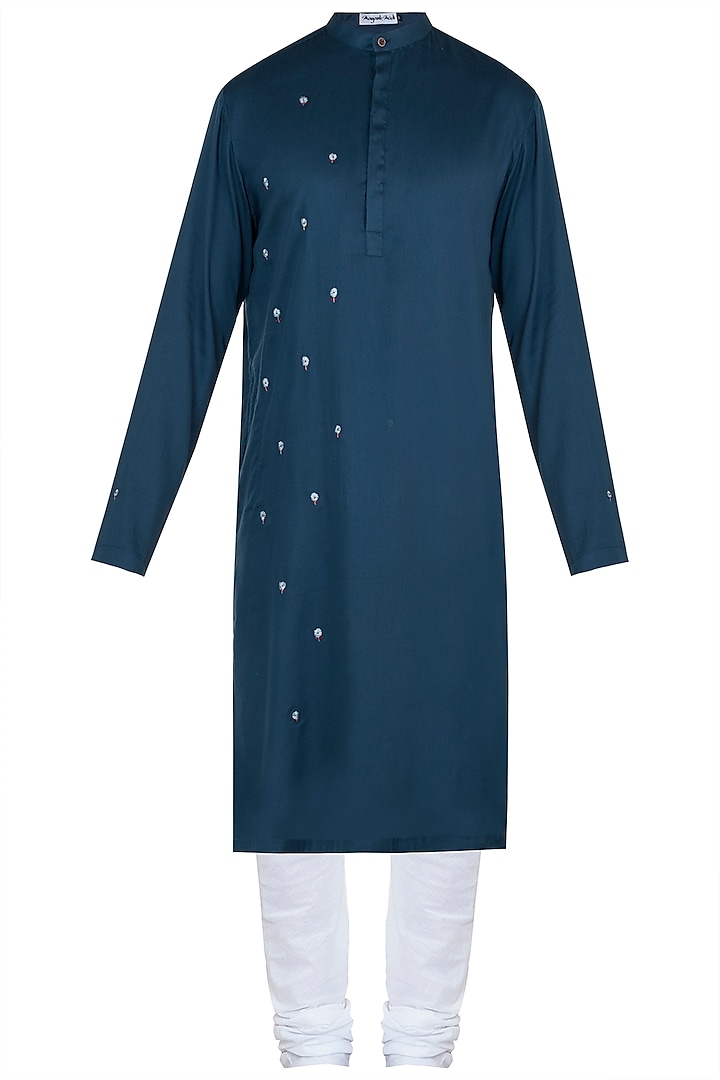 Blue embroidered kurta with pyjama pants by Mayank Modi