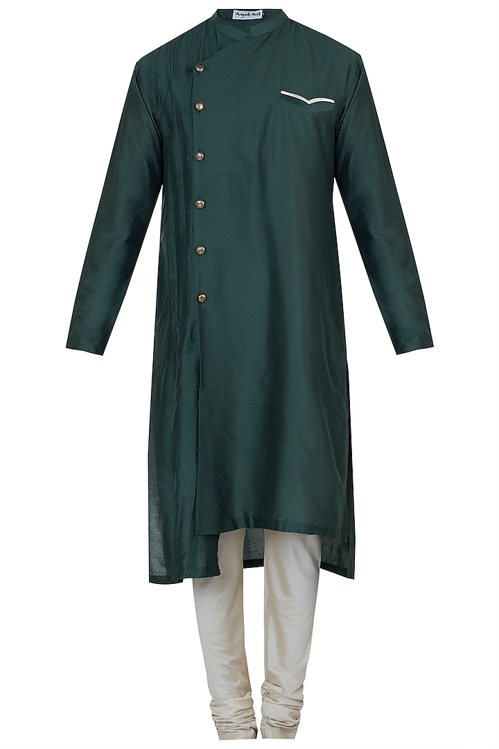 Bottle green kurta with pyjama pants by Mayank Modi