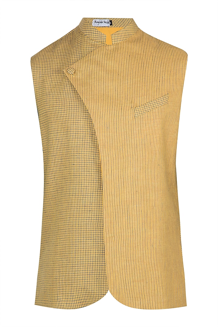 Yellow geometric print nehru jacket by Mayank Modi