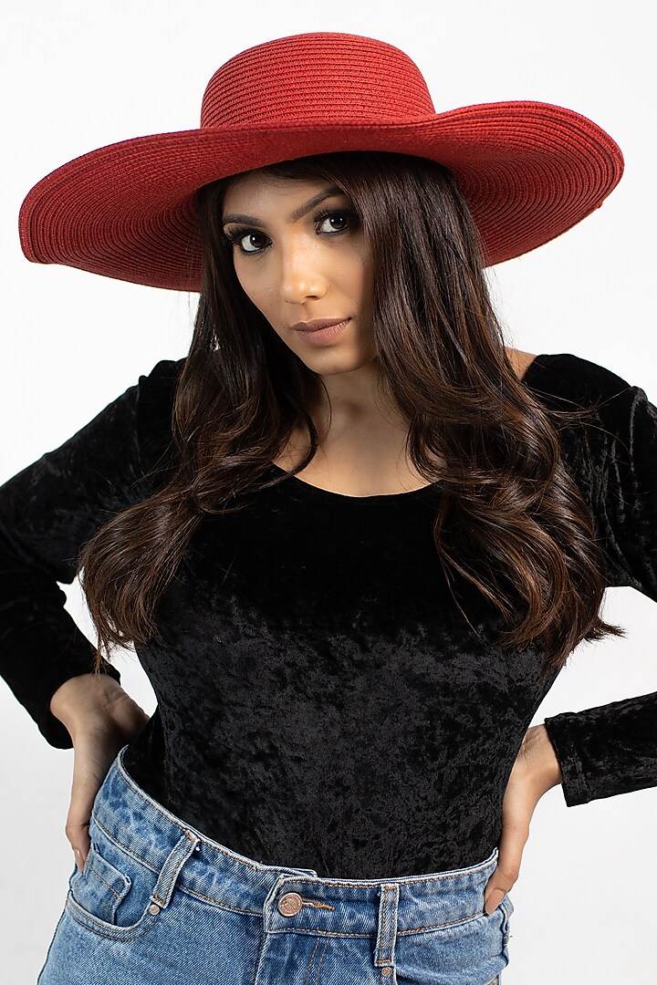 Red Natural Paper Straw Floppy Hat by Myaraa by Namrata Lodha at Pernia's Pop Up Shop