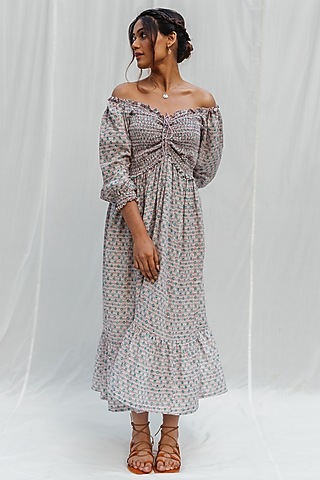 White Hand Block Printed Dress by MoonTara