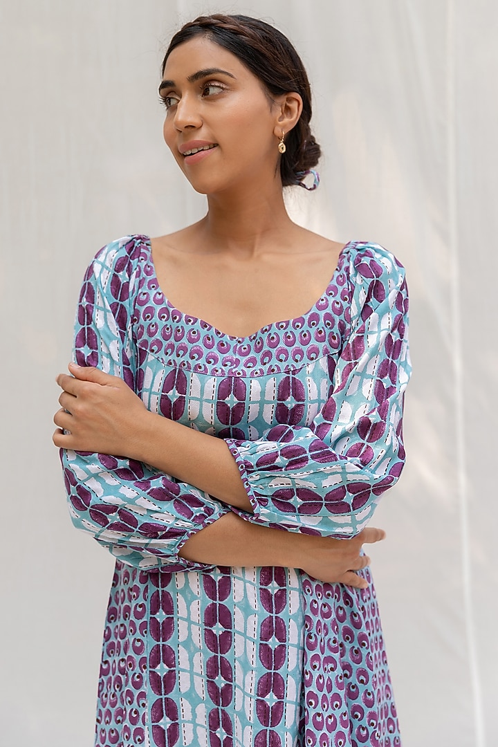 Blue & Purple Hand Block Printed Summer Dress by MoonTara at Pernia's Pop Up Shop