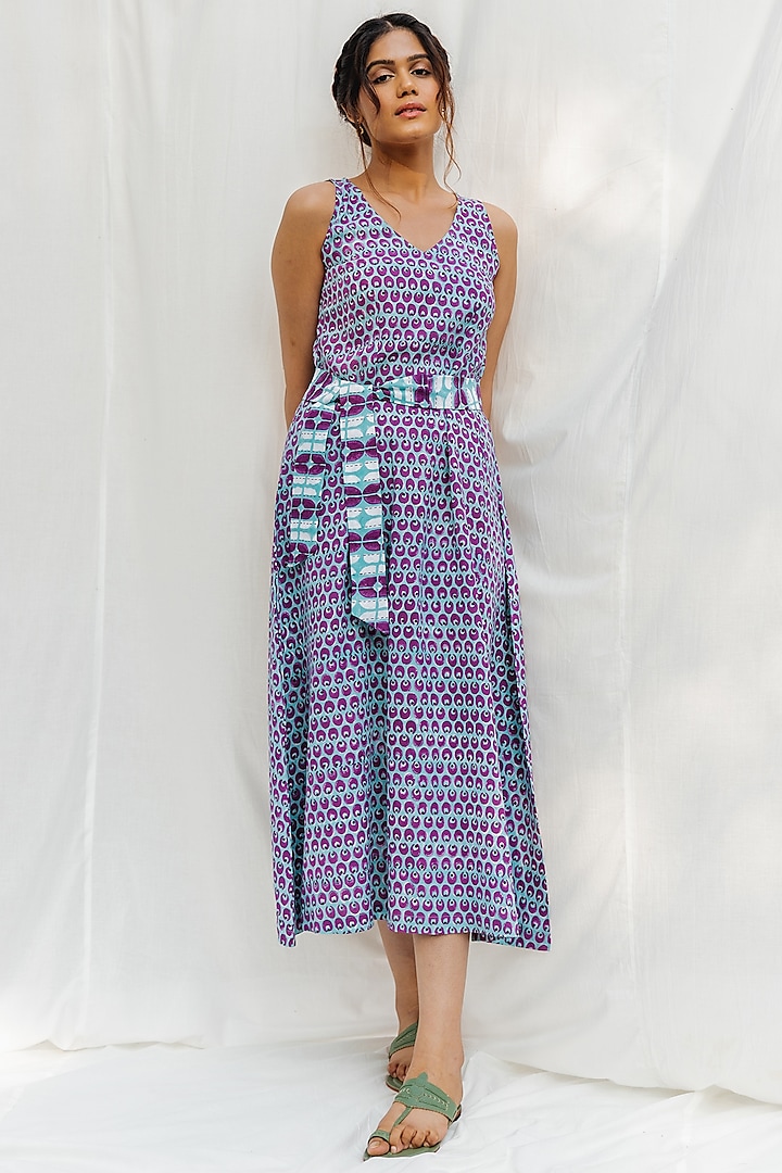 Blue & Purple Block Printed Dress by MoonTara