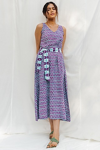 Blue & Purple Block Printed Dress by MoonTara