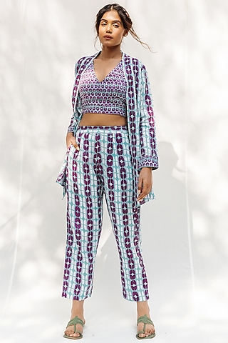 Blue & Purple Block Printed Jacket Set by MoonTara