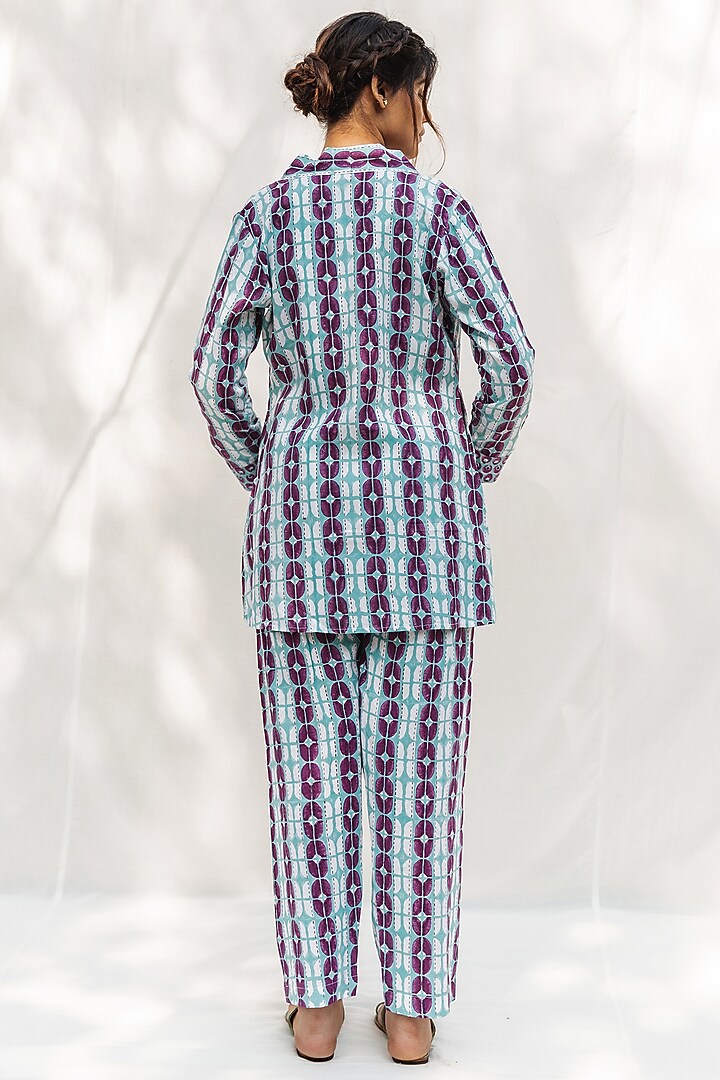 Blue & Purple Block Printed Jacket Set by MoonTara at Pernia's Pop Up Shop