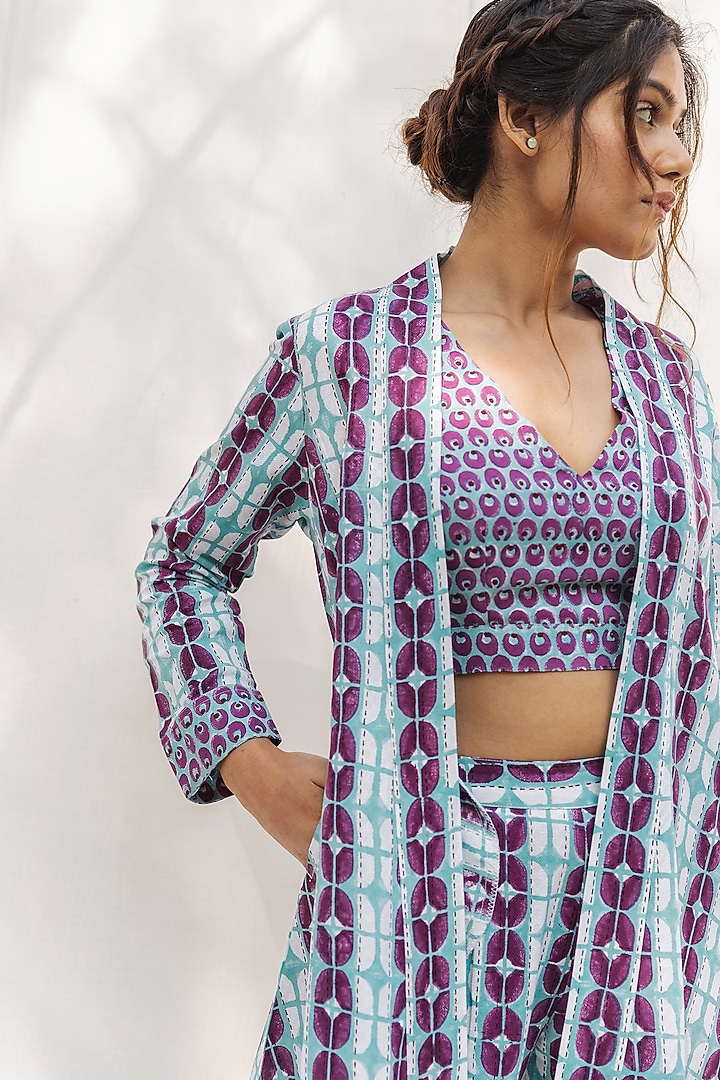 Blue & Purple Block Printed Jacket Set by MoonTara at Pernia's Pop Up Shop