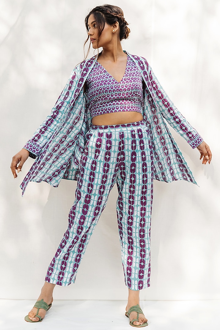 Blue & Purple Block Printed Jacket Set by MoonTara at Pernia's Pop Up Shop