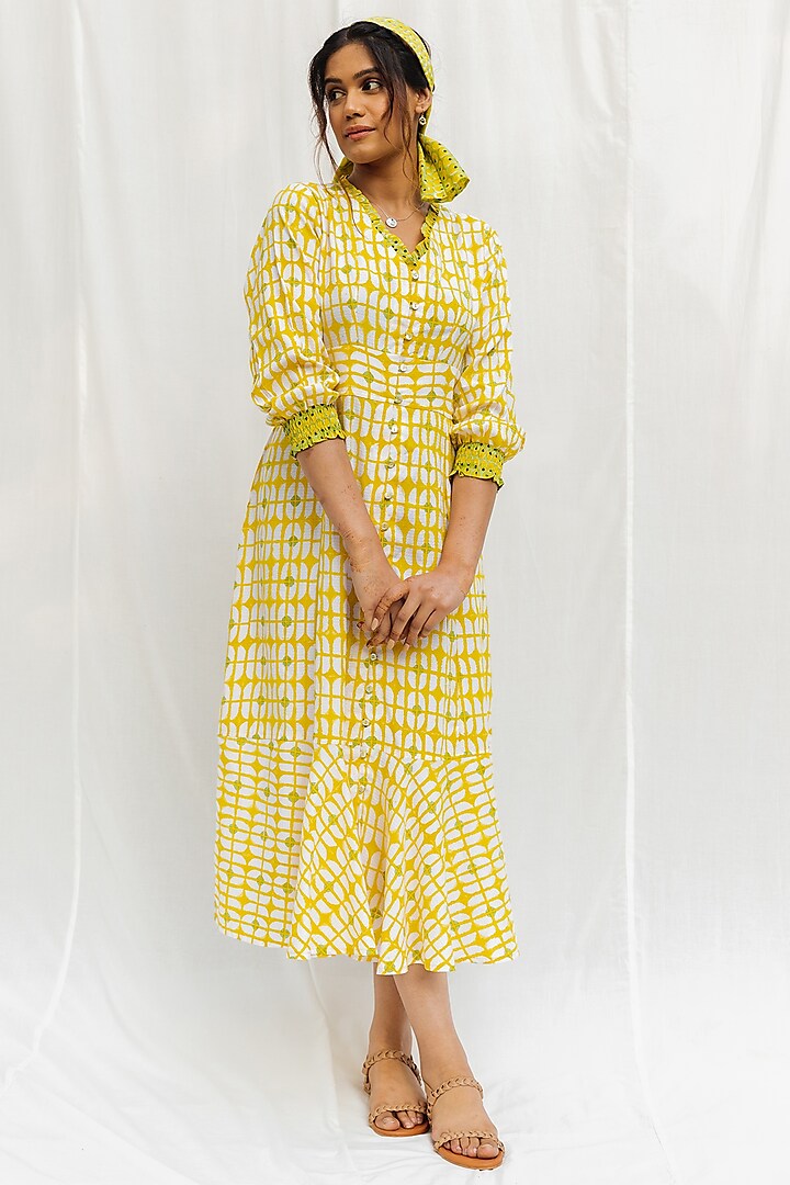 Sunshine Yellow Block Printed Dress by MoonTara