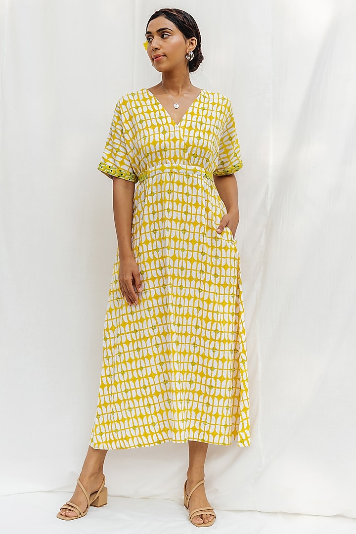 Sunshine Yellow Hand Block Printed Dress by MoonTara