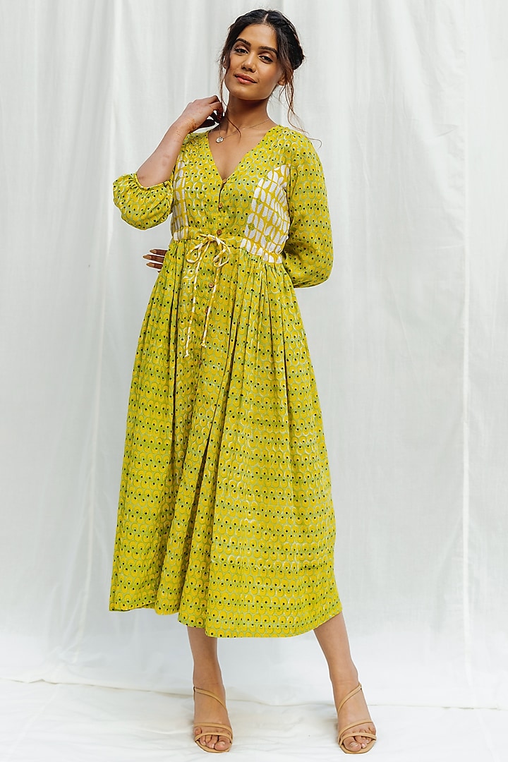 Lime & Yellow Hand Block Printed Dress by MoonTara
