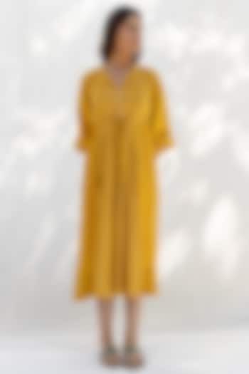Mustard Printed Pleated Dress by MoonTara