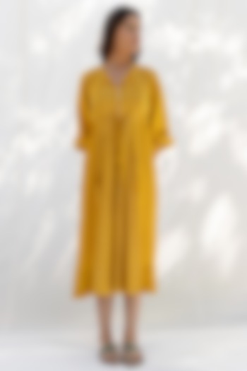 Mustard Printed Pleated Dress by MoonTara at Pernia's Pop Up Shop