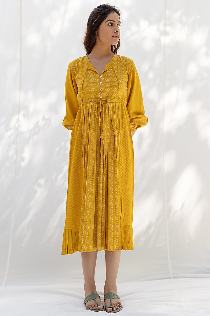 Mustard Printed Pleated Dress by MoonTara