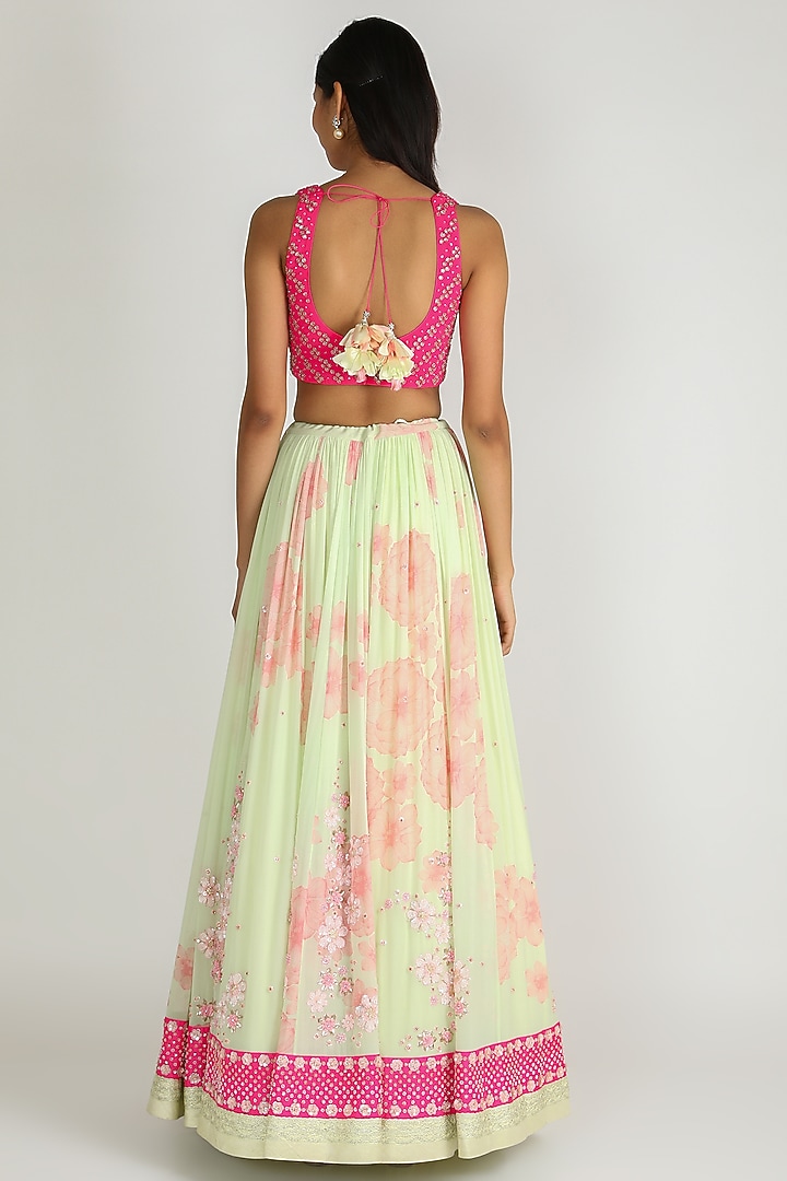 Lime Green & Fuchsia Printed Embroidered Bridal Lehenga by MADZIN at Pernia's Pop Up Shop