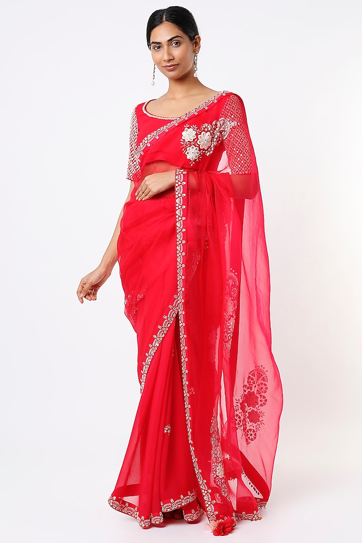 Bright Red Embroidered Saree Set by MADZIN
