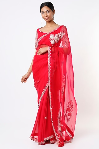 Bright Red Embroidered Saree Set by MADZIN