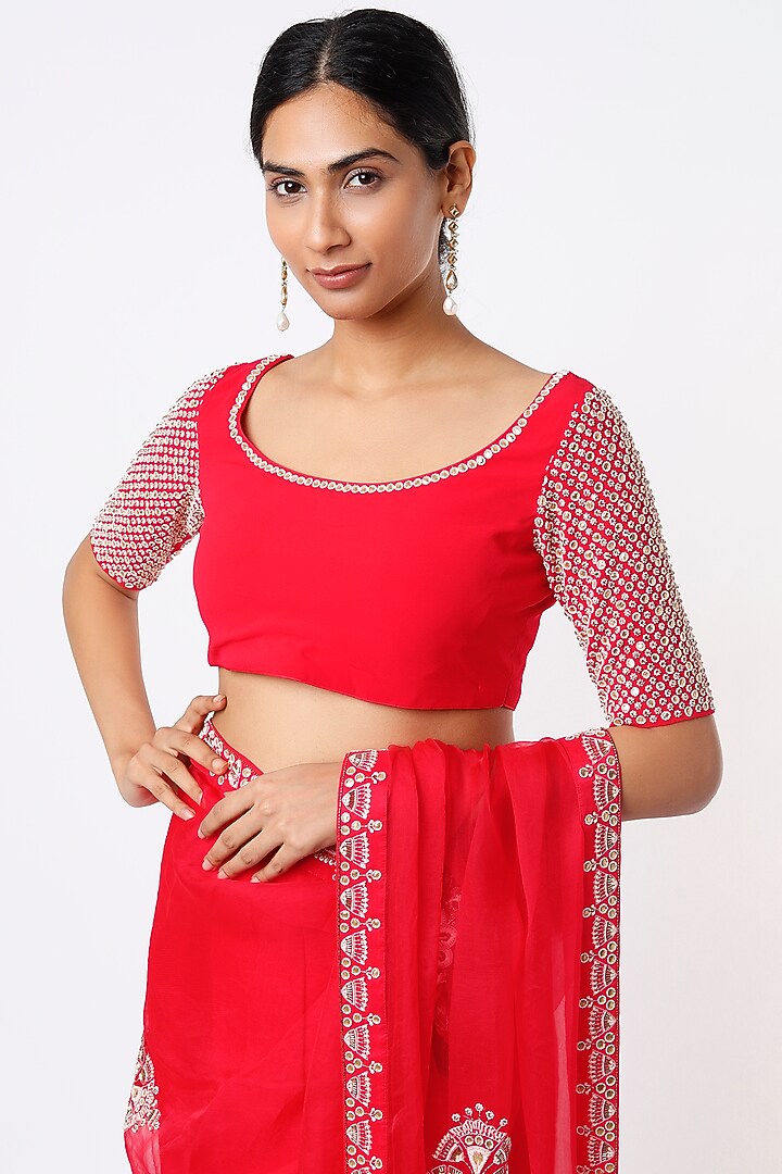 Bright Red Embroidered Reception Saree Set by MADZIN at Pernia's Pop Up Shop