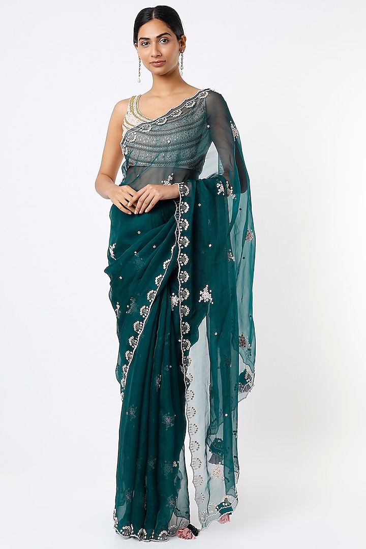 Teal Blue Embroidered Saree Set by MADZIN
