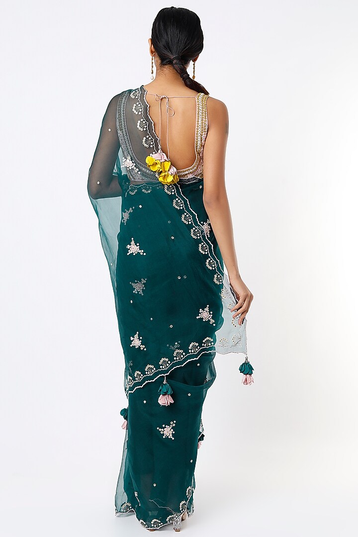 Teal Blue Embroidered Wedding Saree Set by MADZIN at Pernia's Pop Up Shop