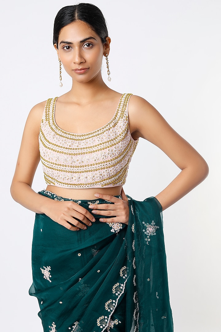 Teal Blue Embroidered Wedding Saree Set by MADZIN at Pernia's Pop Up Shop