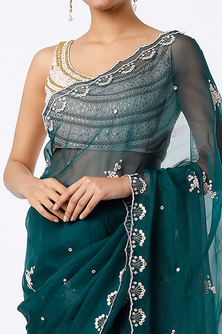 Teal Blue Embroidered Wedding Saree Set by MADZIN at Pernia's Pop Up Shop