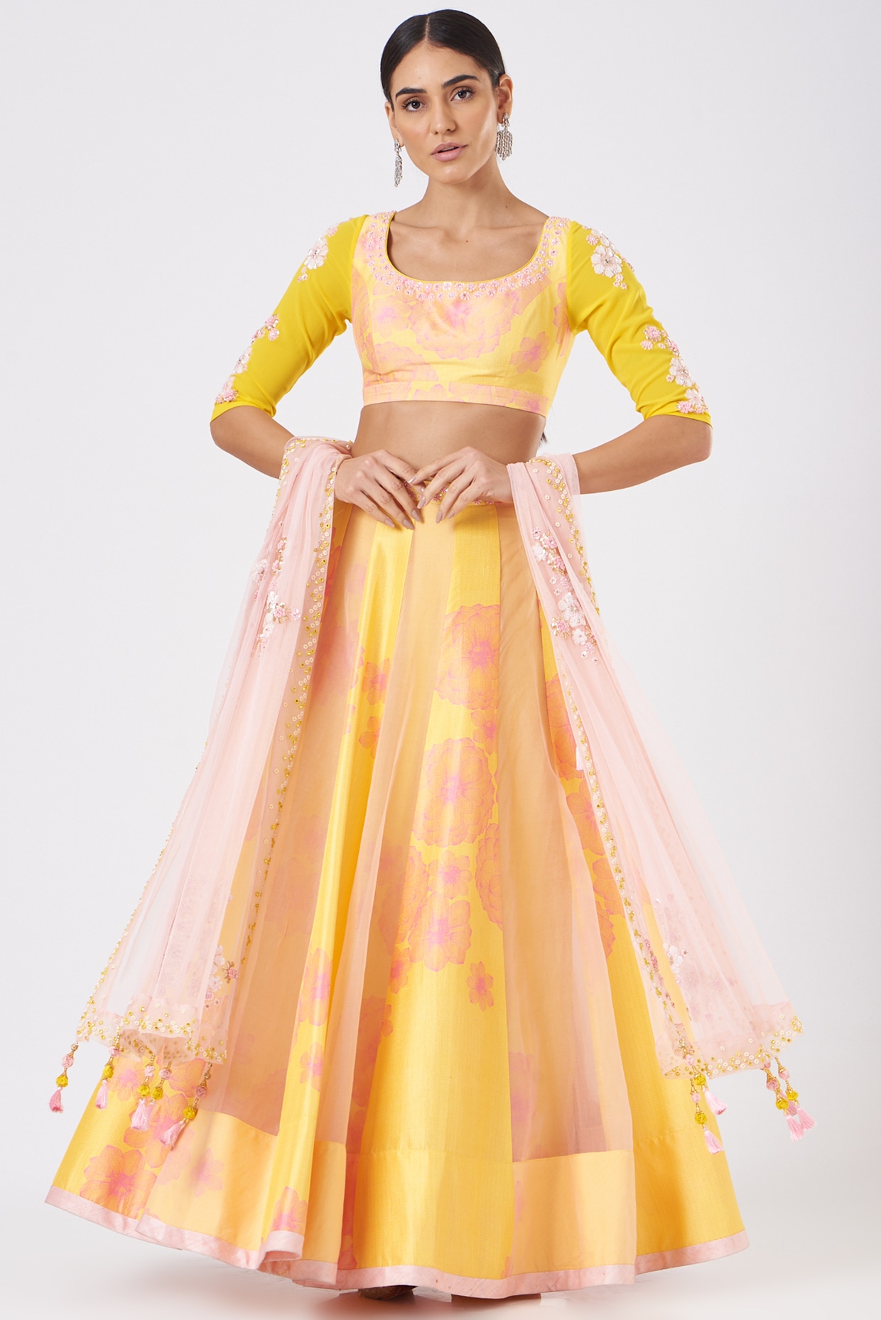 Yellow Floral Printed Art Silk Lehenga Choli Semi Stitched