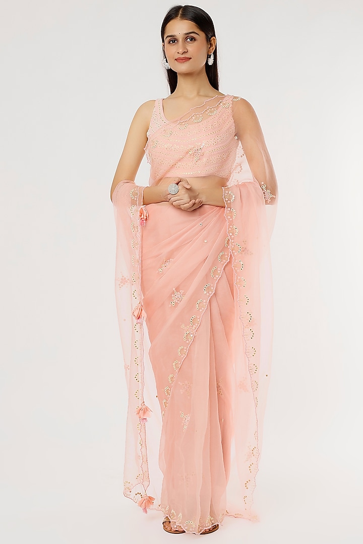 Blush Pink Embroidered Saree Set by MADZIN