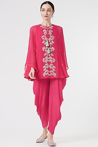 Fuchsia Silk Crepe Dhoti Set by MADZIN