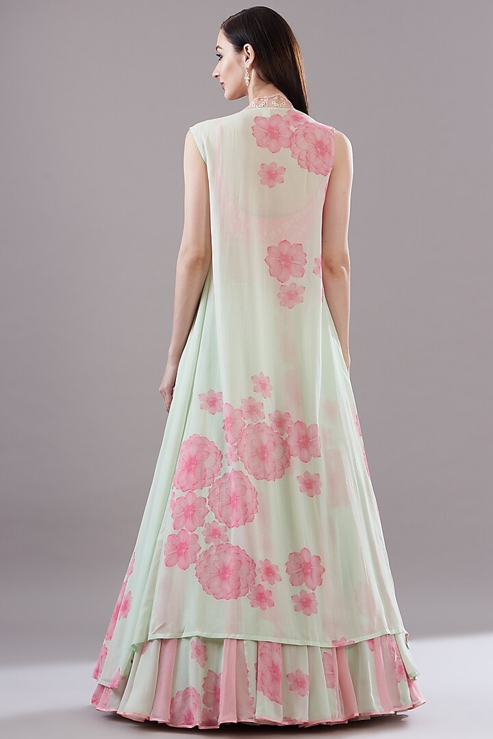 Green Georgette Printed & Embroidered Wedding Lehenga Set by MADZIN at Pernia's Pop Up Shop