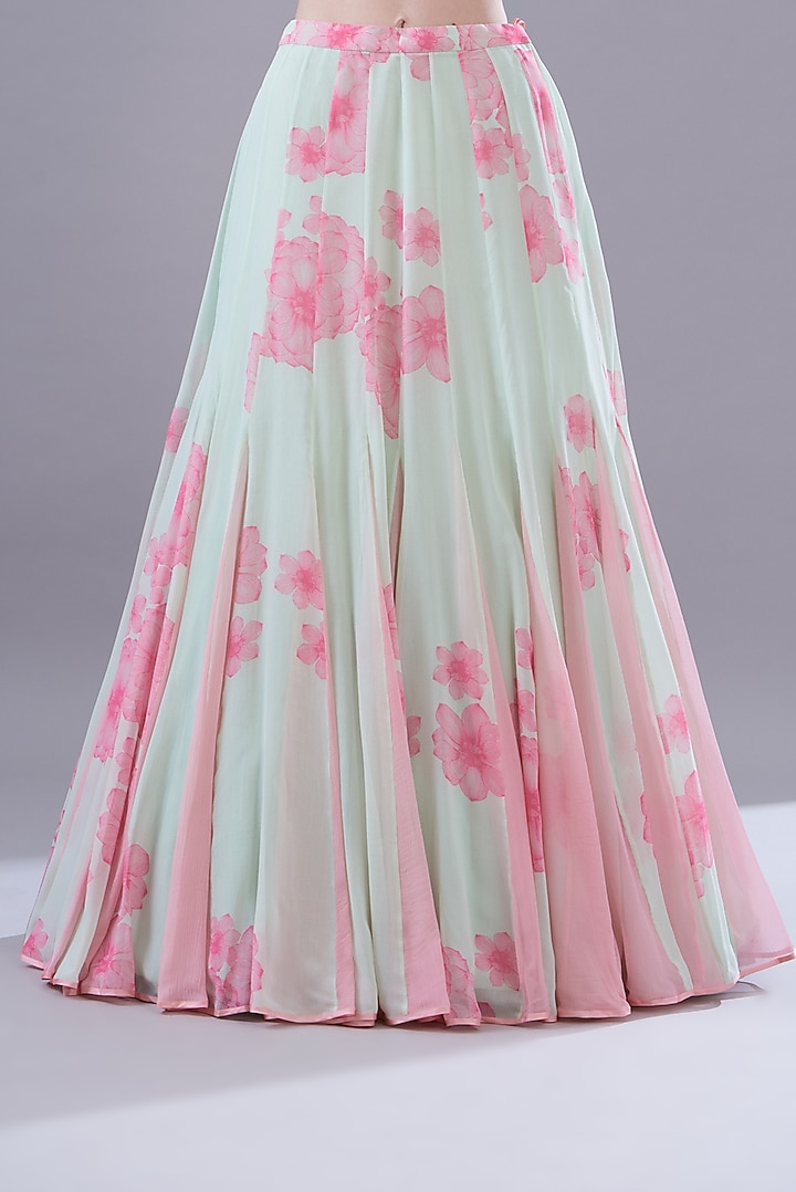 Green Georgette Printed & Embroidered Wedding Lehenga Set by MADZIN at Pernia's Pop Up Shop