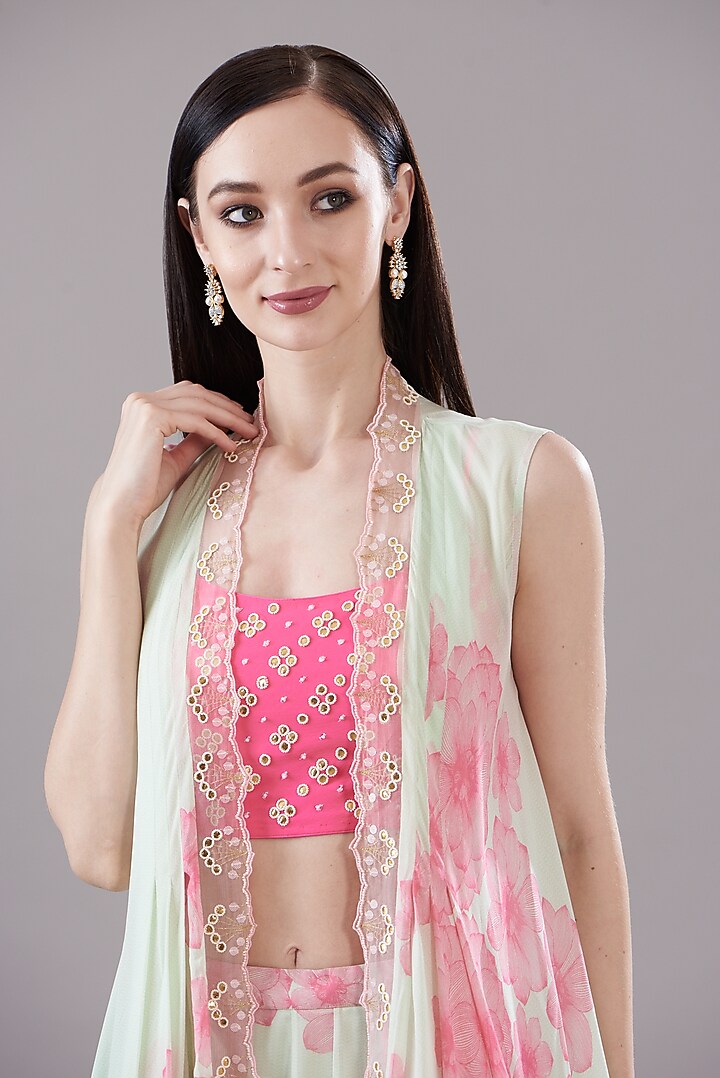 Green Georgette Printed & Embroidered Wedding Lehenga Set by MADZIN at Pernia's Pop Up Shop