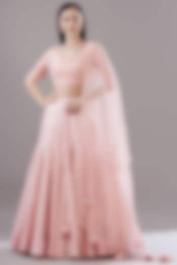Peach Silk Dupion Embroidered Wedding Lehenga Set by MADZIN at Pernia's Pop Up Shop